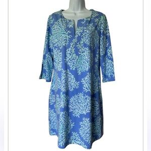 Barbara Erickson Emily Shift Dress Blue Coral Print  Excellent $160.  Size L